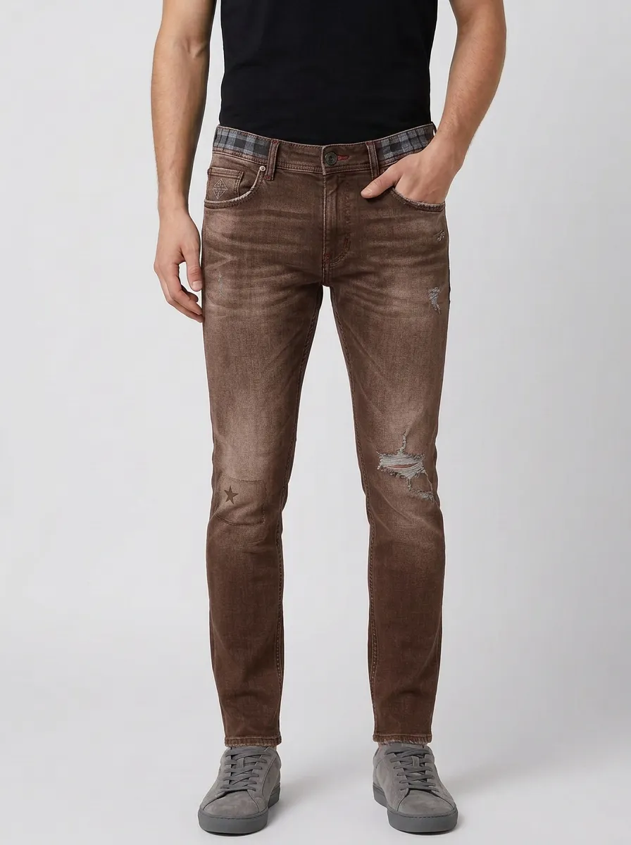 Men's Distressed Star Patch Plaid Waistband Graphic Slim-Fit Jeans