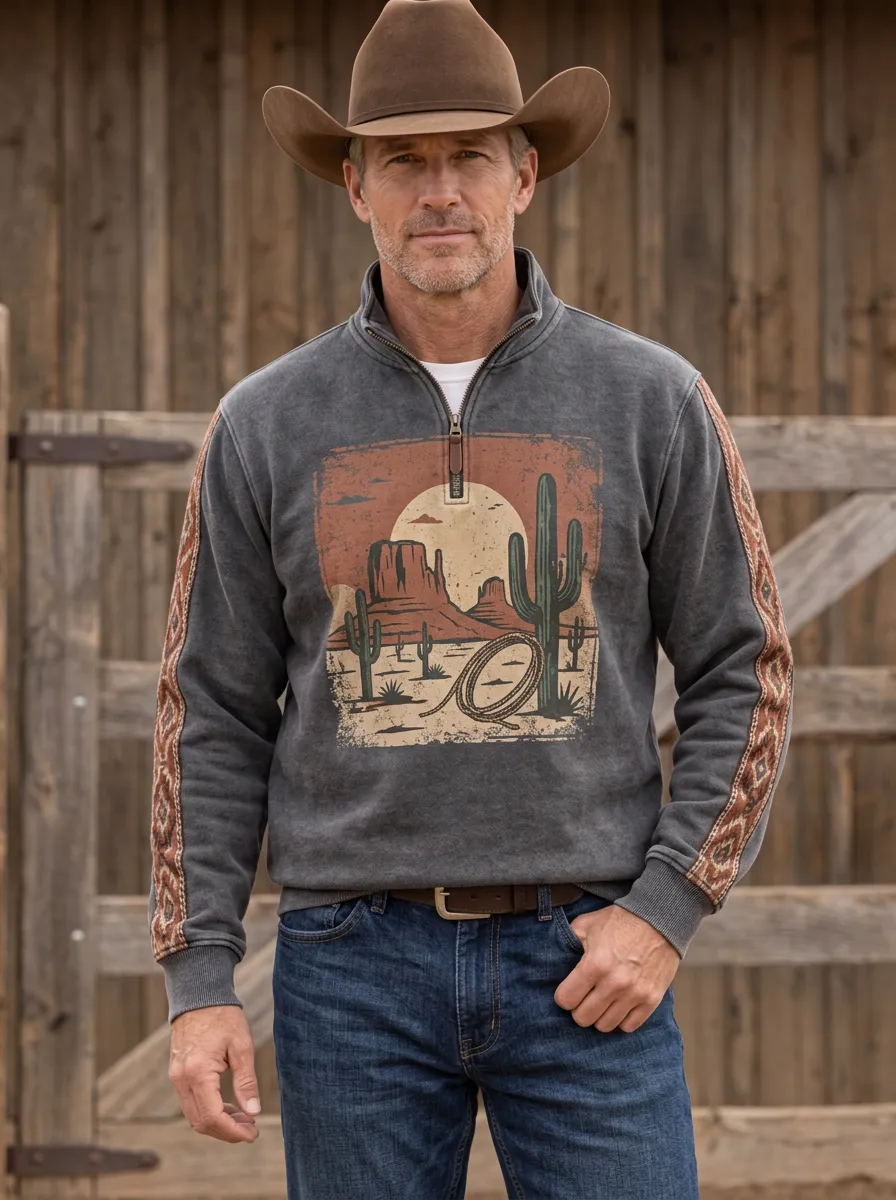 Men's Western Cowboy Lasso Cactus Desert Quarter-Zip Sweatshirt