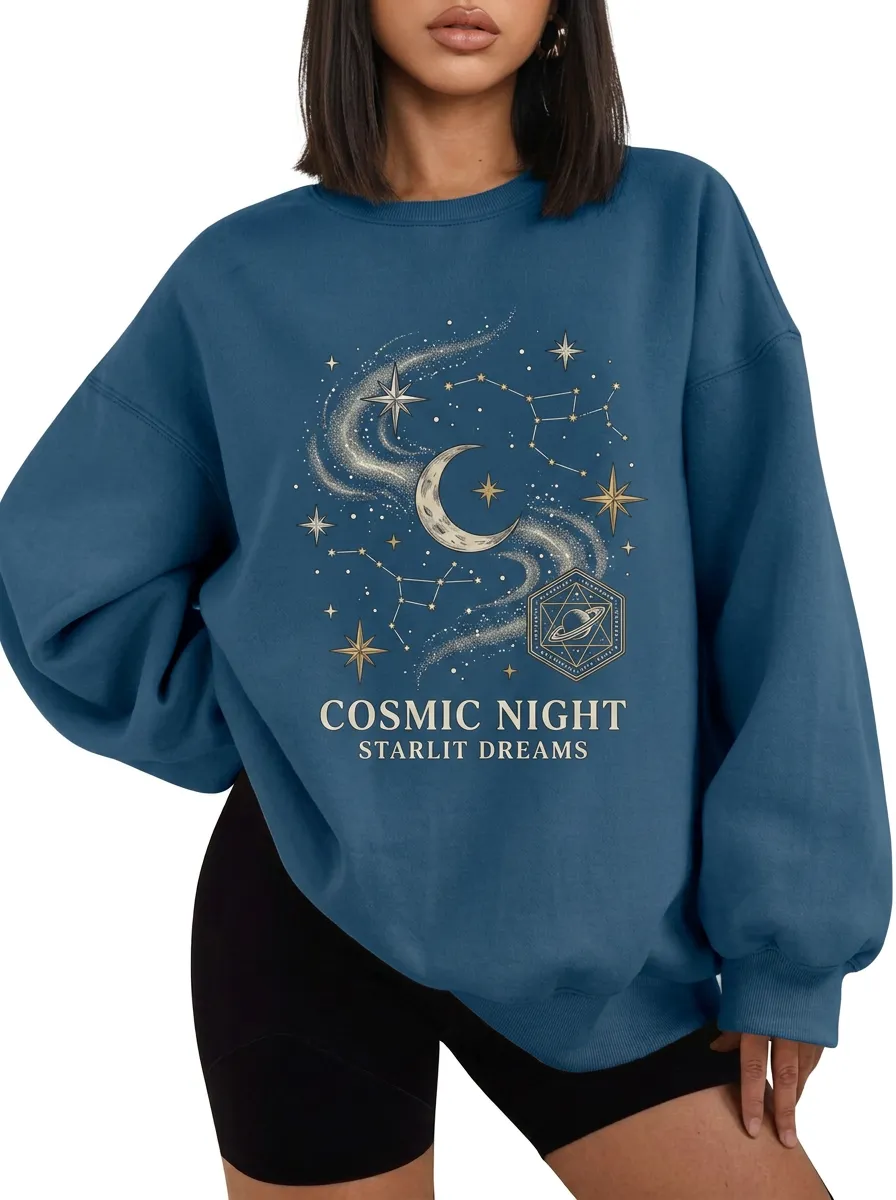 Women's Cosmic Night Starlit Dreams Moon Constellation Printed T-shirt