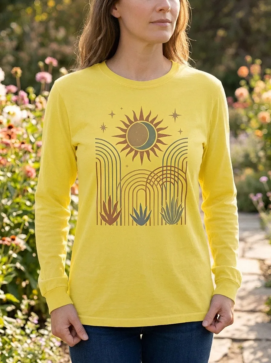 Women's Boho Celestial Sun Rainbow Printed Long Sleeve T-shirt