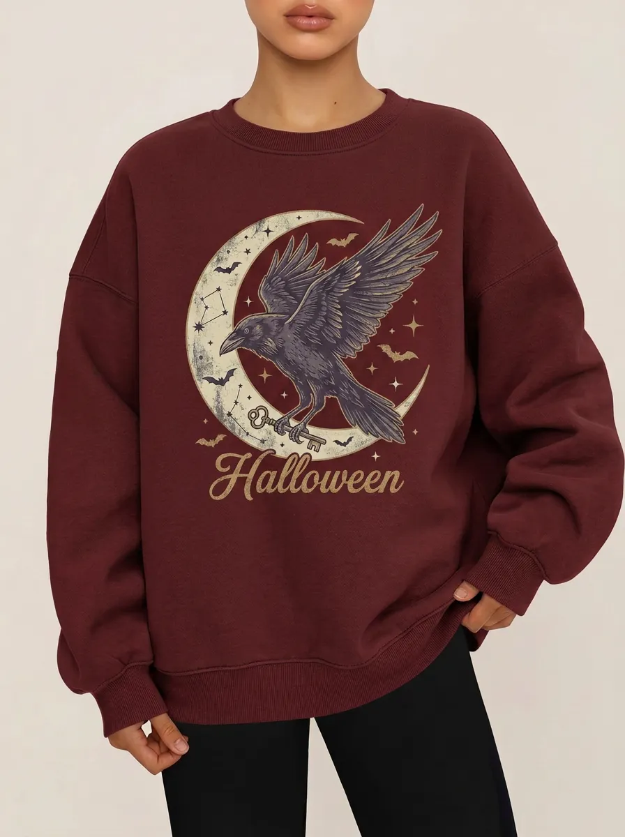 Women's Halloween Gothic Raven Moon Key Printed Sweatshirt