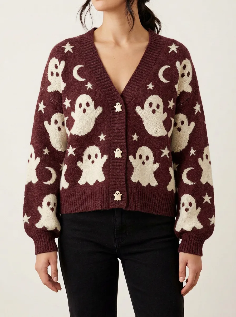 Women's Halloween Ghost Moon Star Pattern Knitted Cardigan