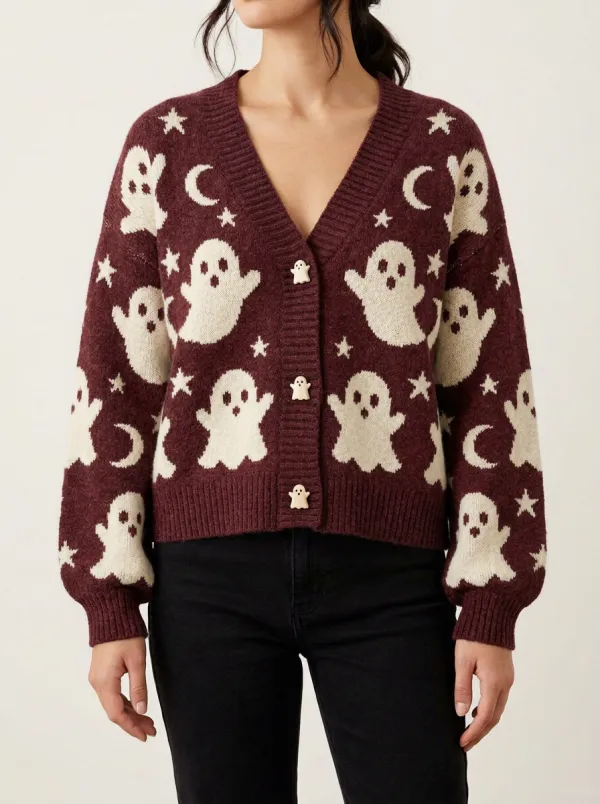 Women's Halloween Ghost Moon Star Pattern Knitted Cardigan