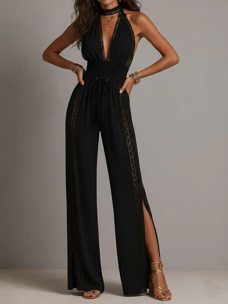 Boho Elegant Lace Panel Smocked Waist Wide Leg One-Piece Jumpsuit