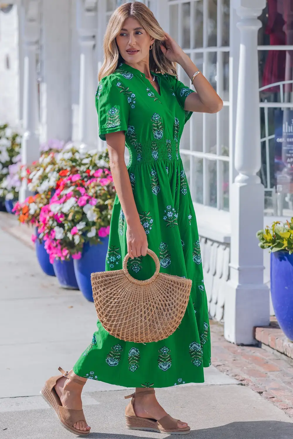 Clean Line Floral Printed Split Neck Maxi Dress