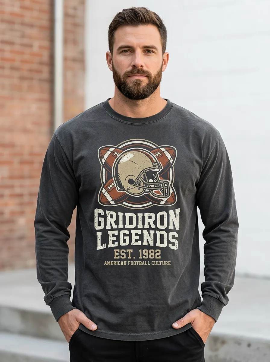 Classic Men's American Football Gridiron Legends Helmet Printed Long Sleeve T-Shirt