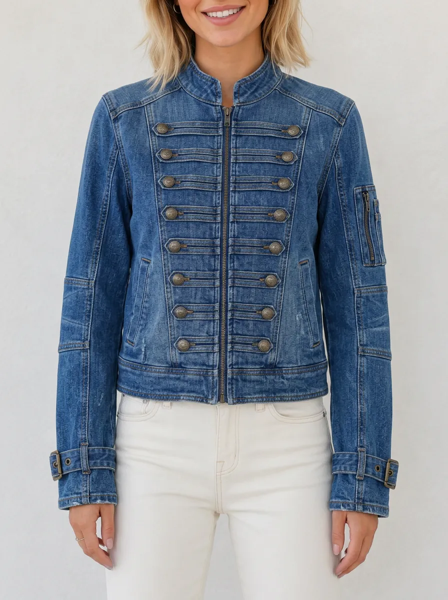 Women's Military Style Button Detail Denim Jacket