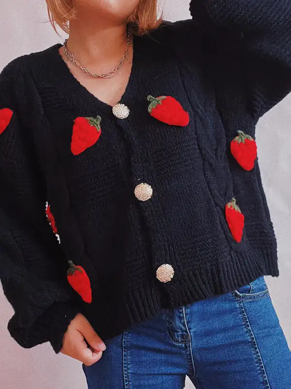 Single-Breasted Relaxed Knit Embroidered Cardigan
