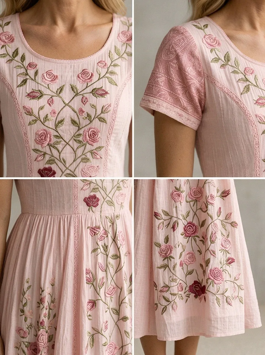 Women's Breast Cancer Awareness Rose Floral Embroidered Printed Dress