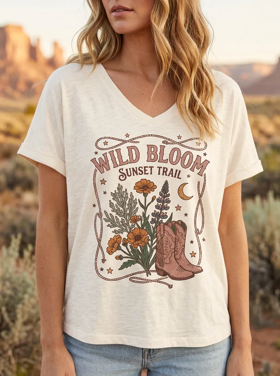 Cowboy-Boot Cowboy Wild-Bloom Western V-Neck T-Shirt