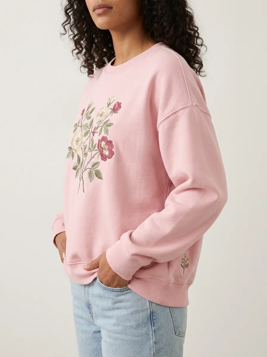 Women's Pink Floral Embroidered Crewneck Denim Sweatshirt