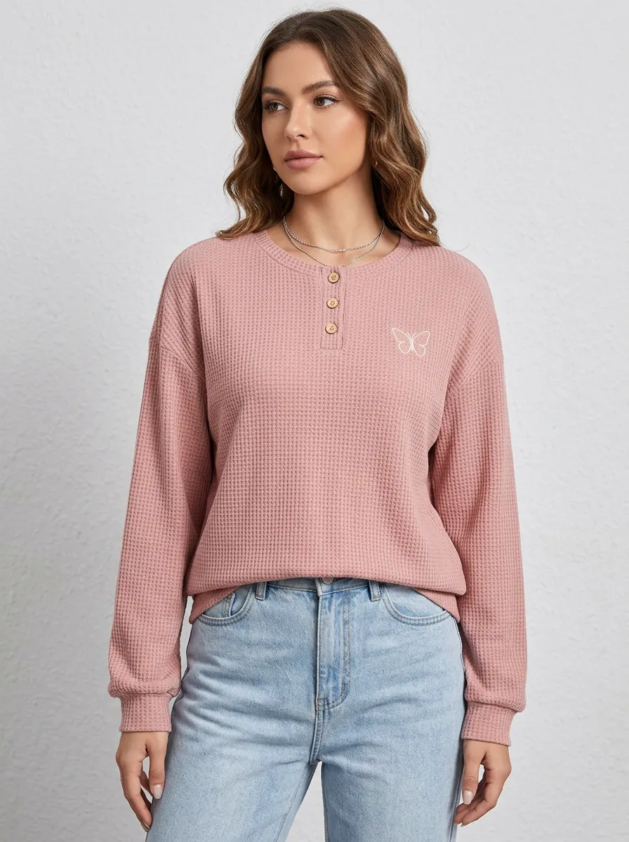 Women's Pink Butterfly Waffle Knit Button Printed Top