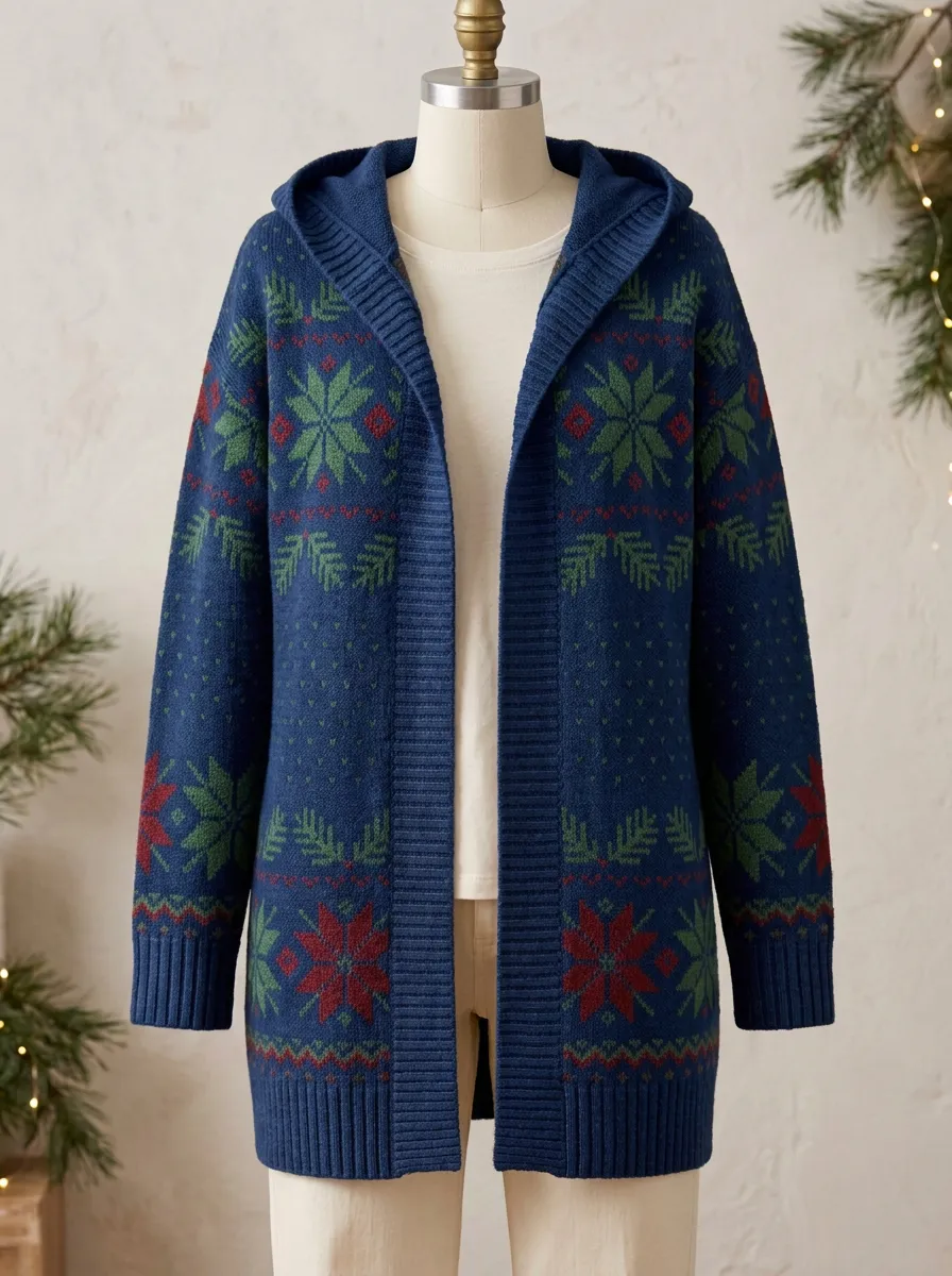 Festive Christmas Snowflake Pine Tree Pattern Print Hooded Cardigan