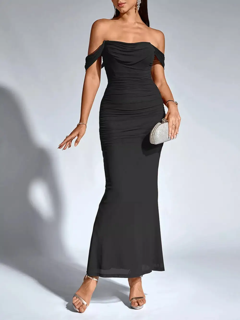 Relaxed Off Shoulder Ruched Mermaid Maxi Dress