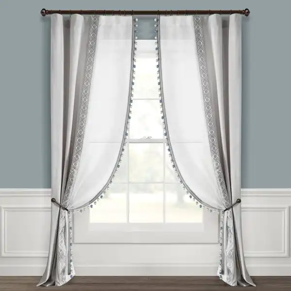 Vintage Geometric Velvet Light Filtering Rod Pocket Pompom Trim Curtain Panel