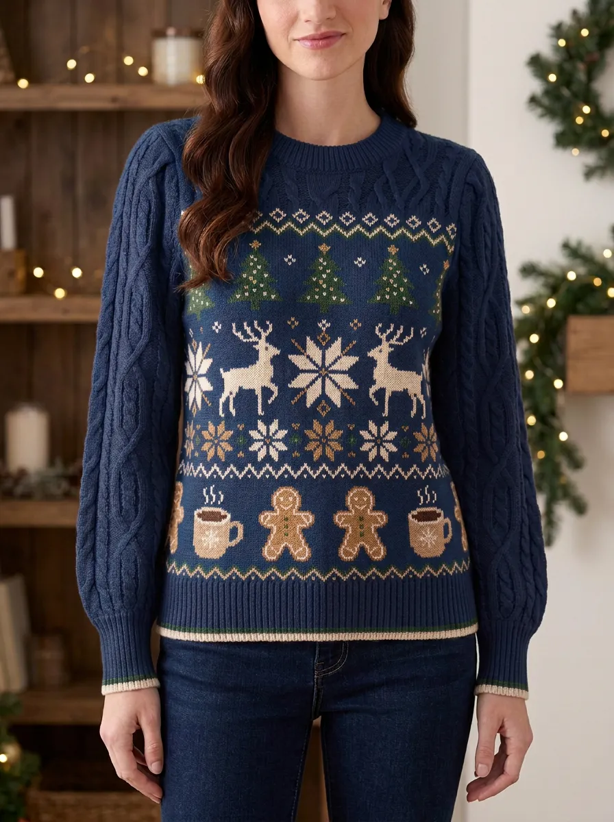 Christmas Holiday Reindeer Gingerbread Tree Pattern Knitted Sweater
