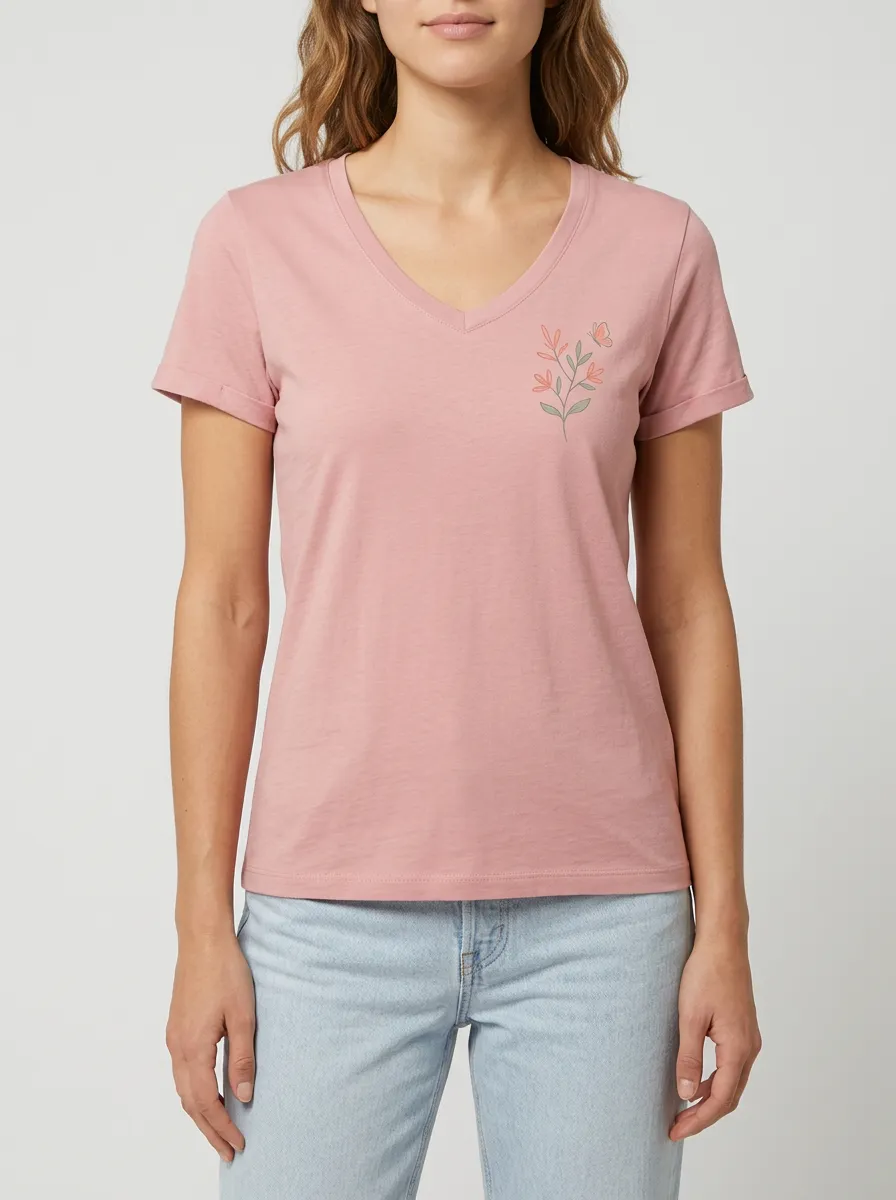 Women's Floral Butterfly Minimalist Printed V-neck T-shirt