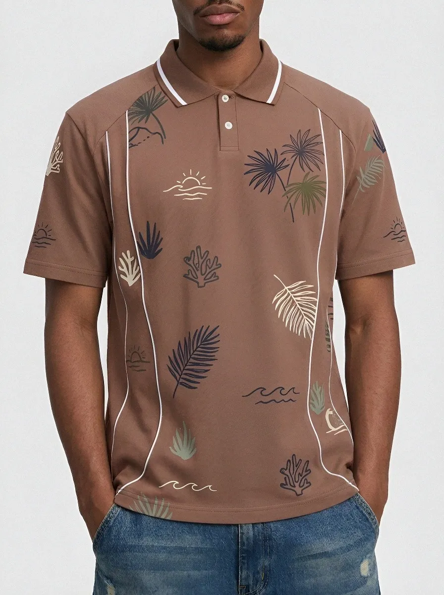 Men's Tropical Beach Vacation Palm Leaf Printed Polo Shirt