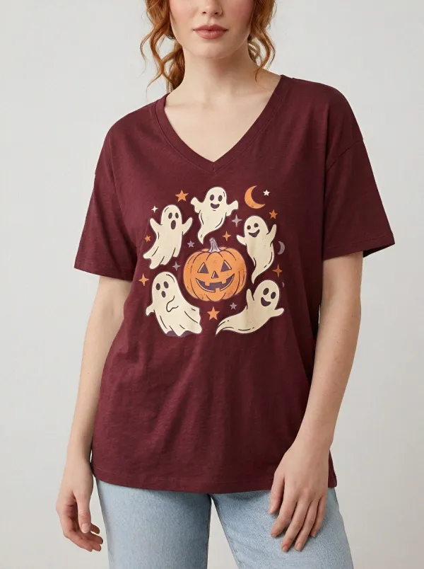 Women's Halloween Ghost Pumpkin Stars Printed V-neck T-shirt