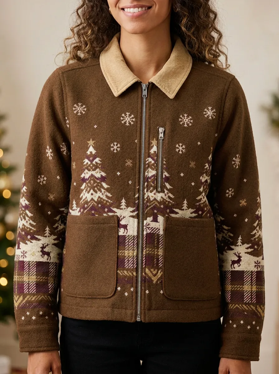 Christmas Tree Reindeer Snowflake Print Zip-up Jacket