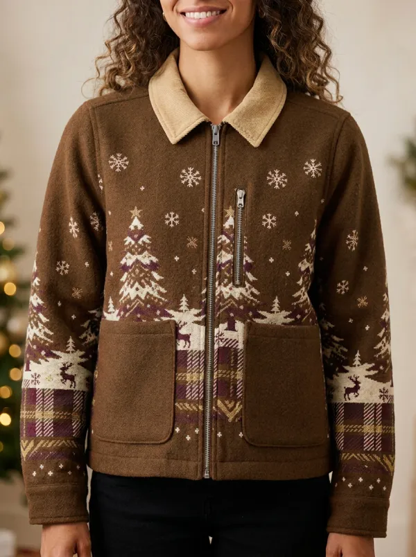 Christmas Tree Reindeer Snowflake Print Zip-up Jacket