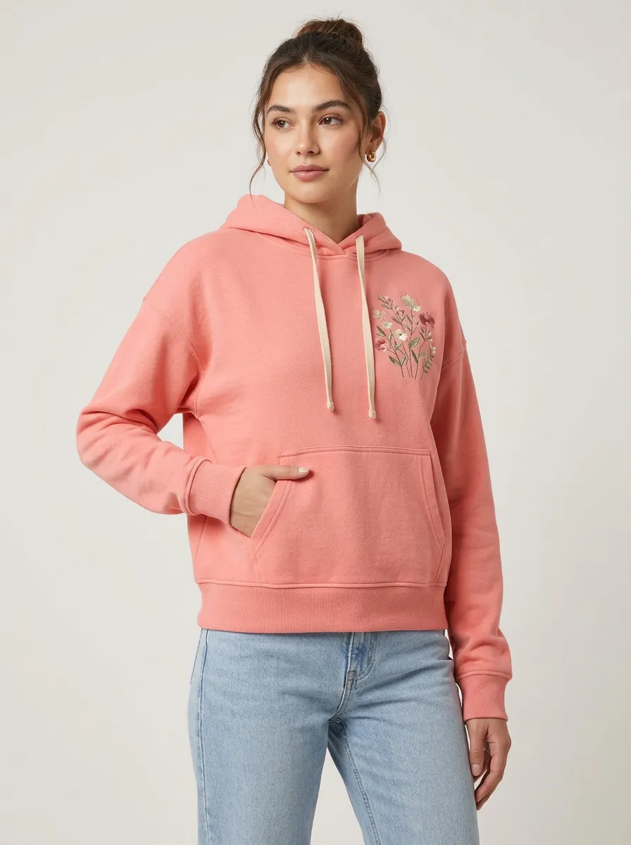 Women's Coral Floral Embroidered Pullover Hoodie