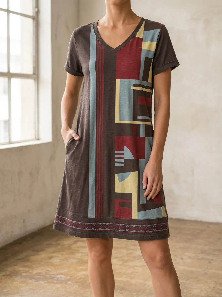 Women's Abstract Geometric Pattern Printed V-Neck Dress