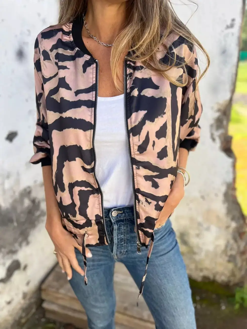 Zip Up Zebra Print Bomber Jacket