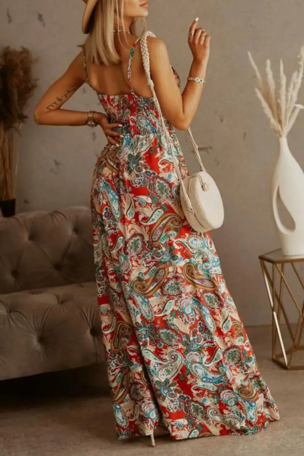 Classic Smocked Spaghetti-Strap Printed Maxi Dress