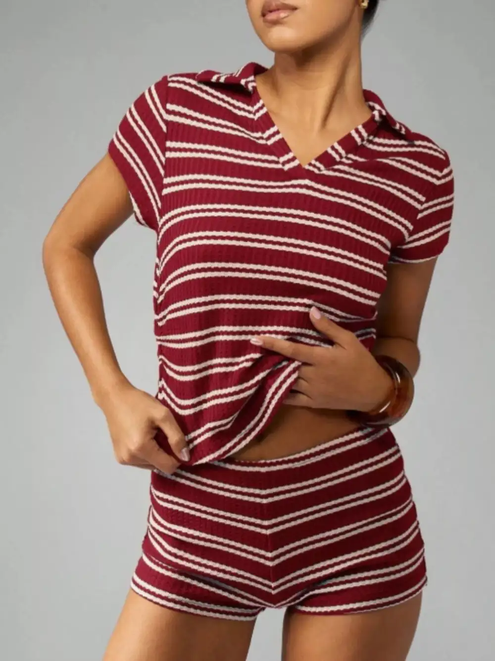 Striped Knit Short Sleeve Top Shorts Set