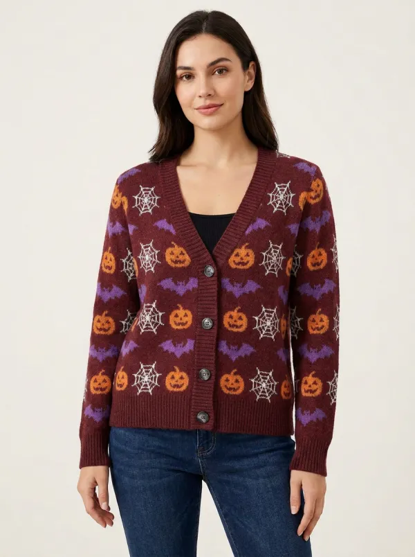 Women's Halloween Pumpkin Bat Spiderweb Patterned Knit Cardigan
