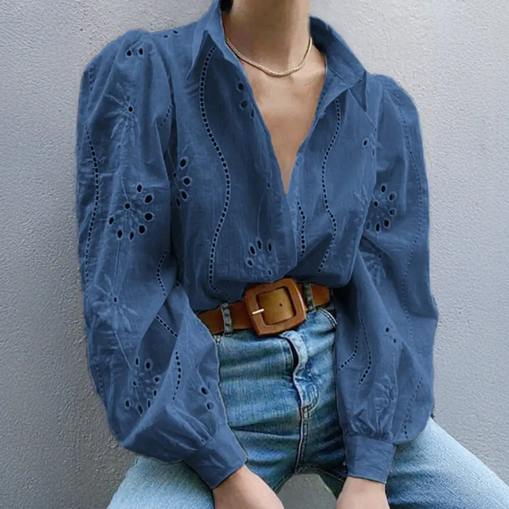 Fashionable Openwork Puff Sleeve Cardigan Shirt