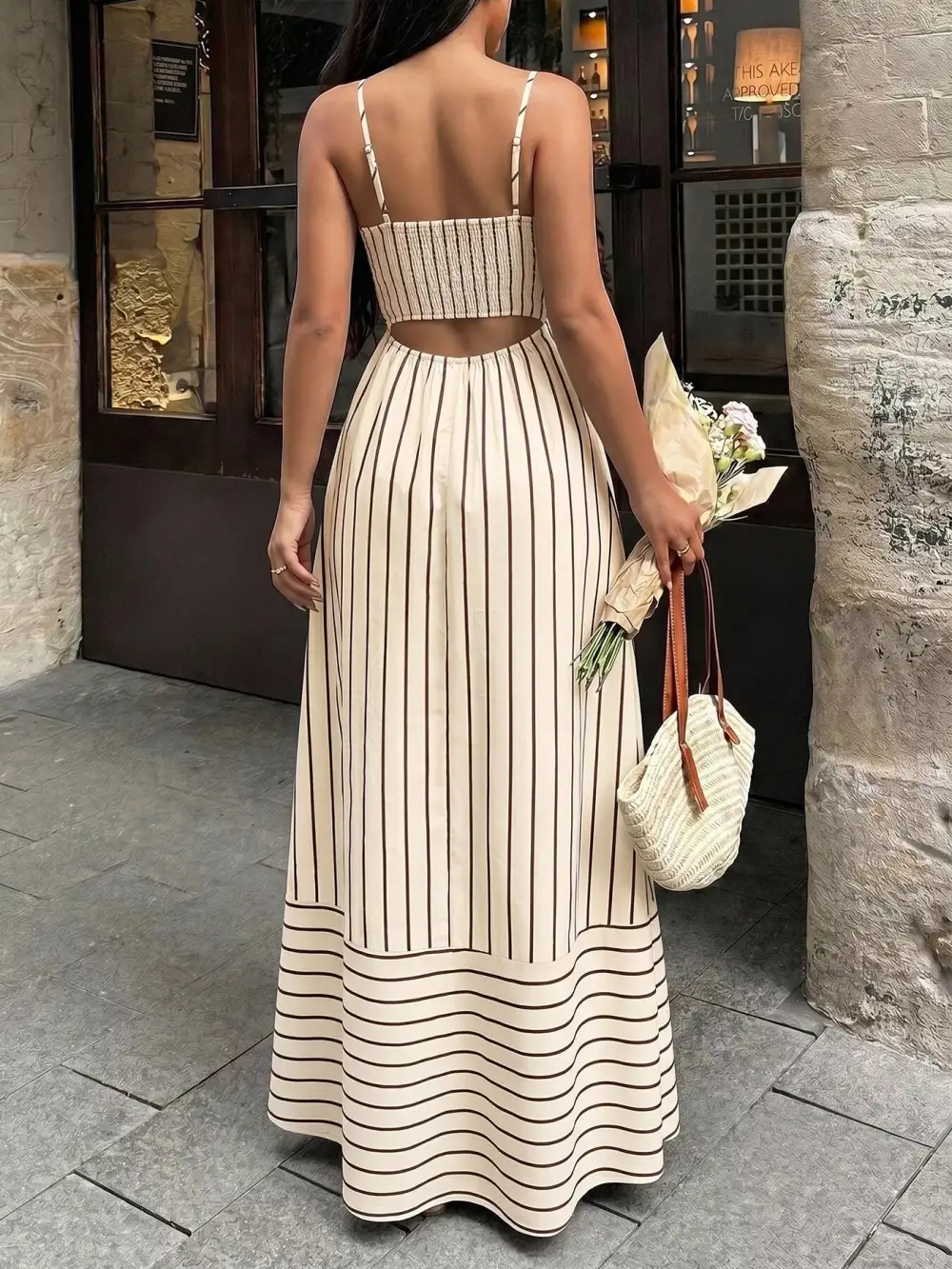 Smocked Spaghetti-Strap Striped Maxi Dress