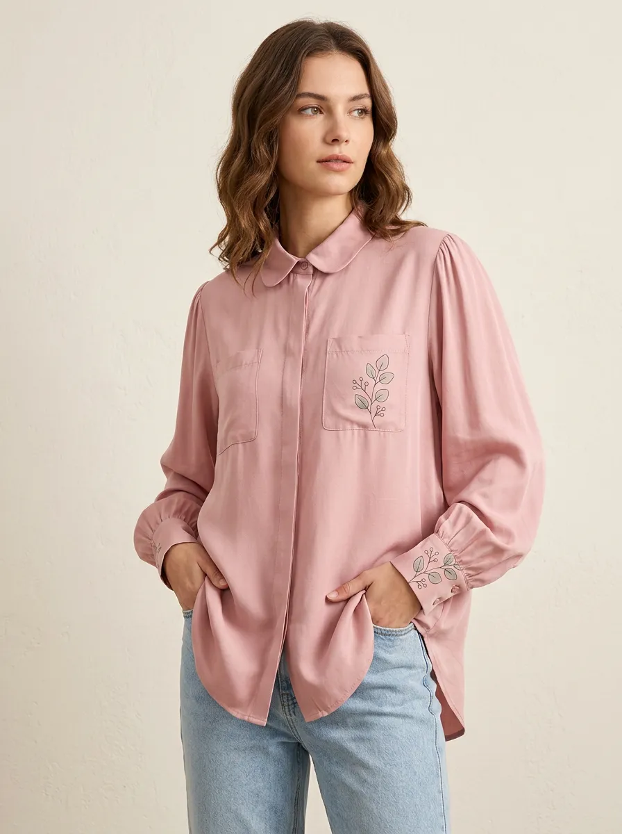 Women's Botanical Minimalist Leaf Printed Pink Button-up Shirt
