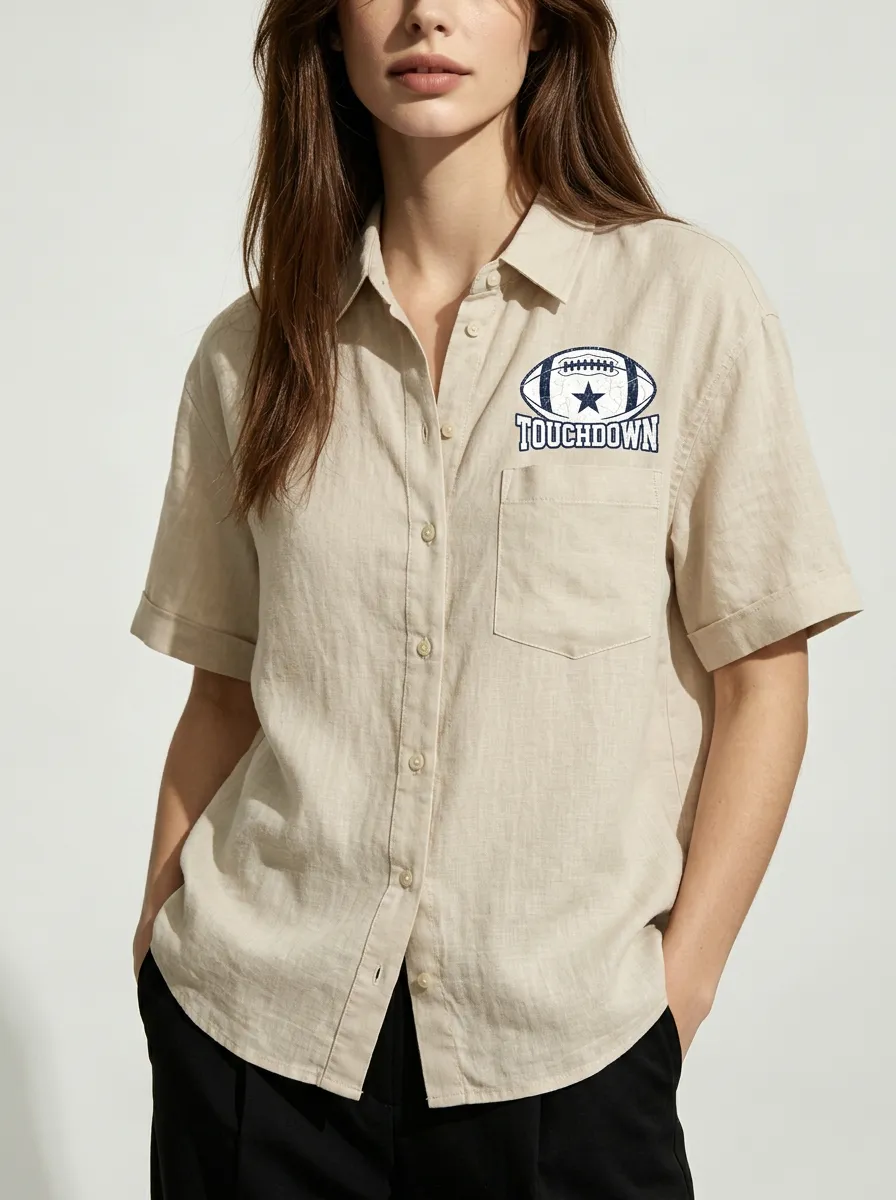 Women's American Football Fan Touchdown Star Printed Linen Shirt