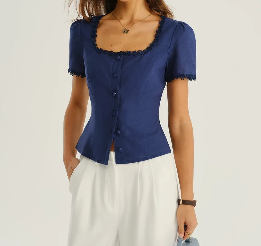 Navy Square Neck Button Blouse