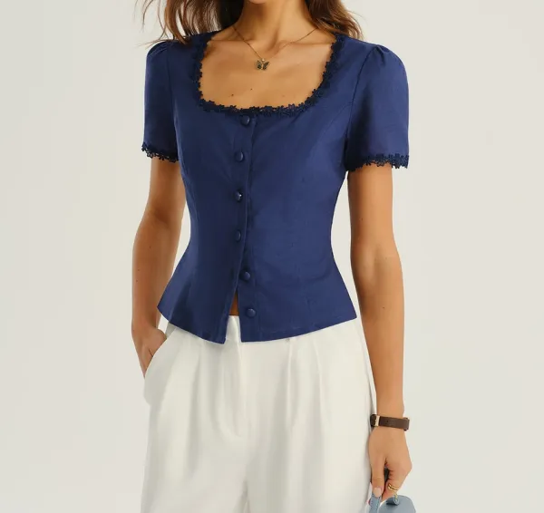 Navy Square Neck Button Blouse