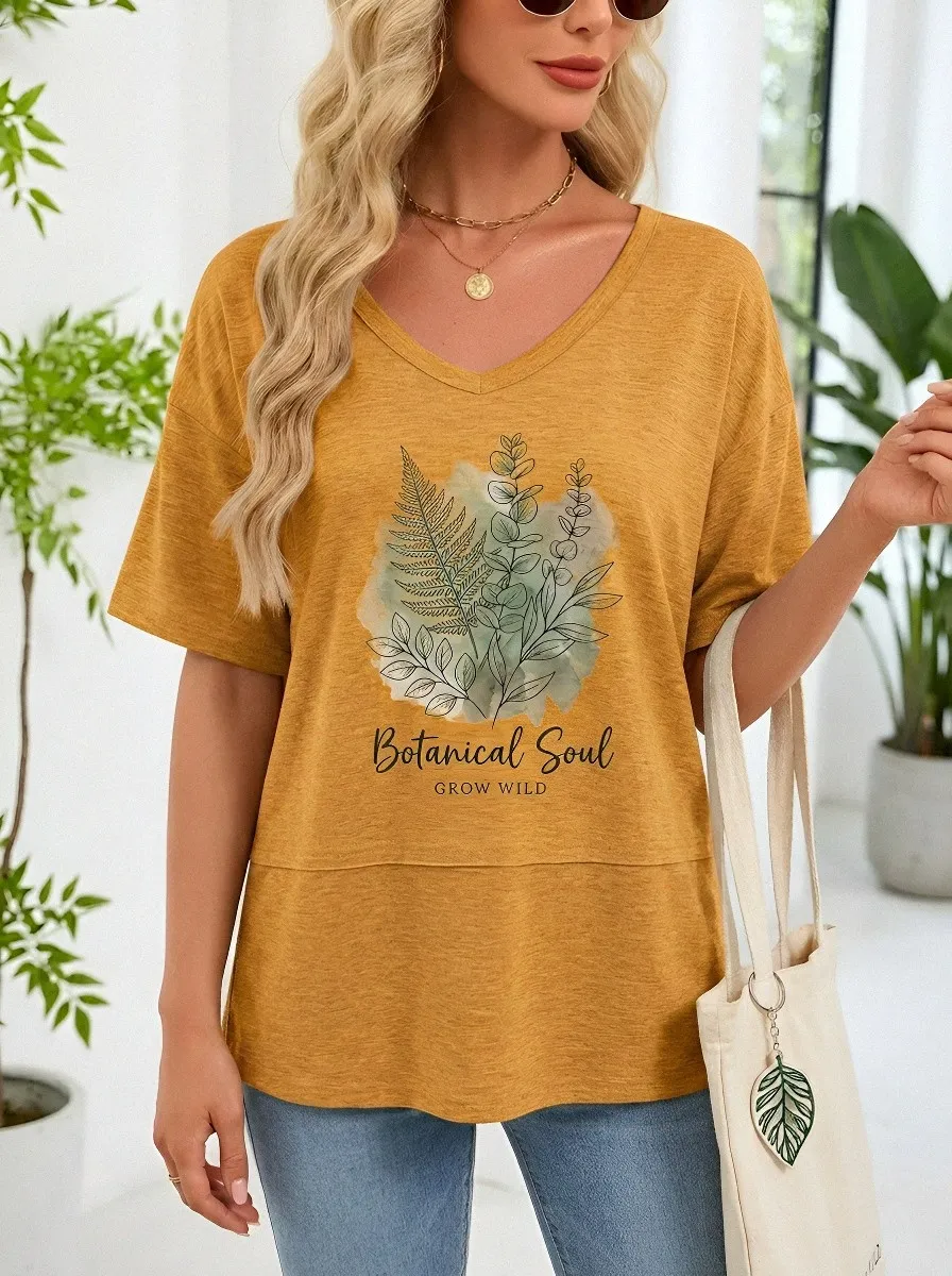 Women's Botanical Soul Fern Leaf Watercolor Printed V-neck T-shirt