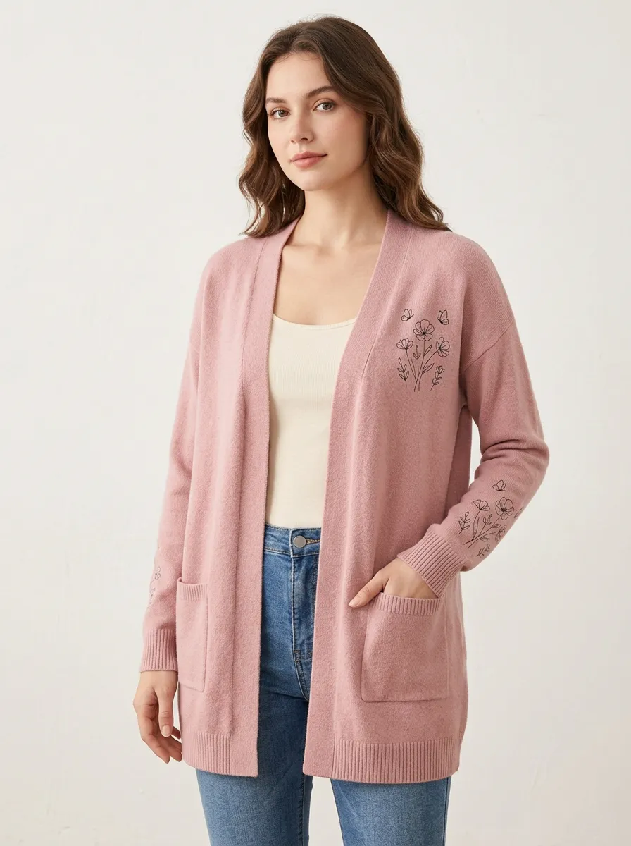 Women's Pink Floral Line Art Printed Knit Cardigan