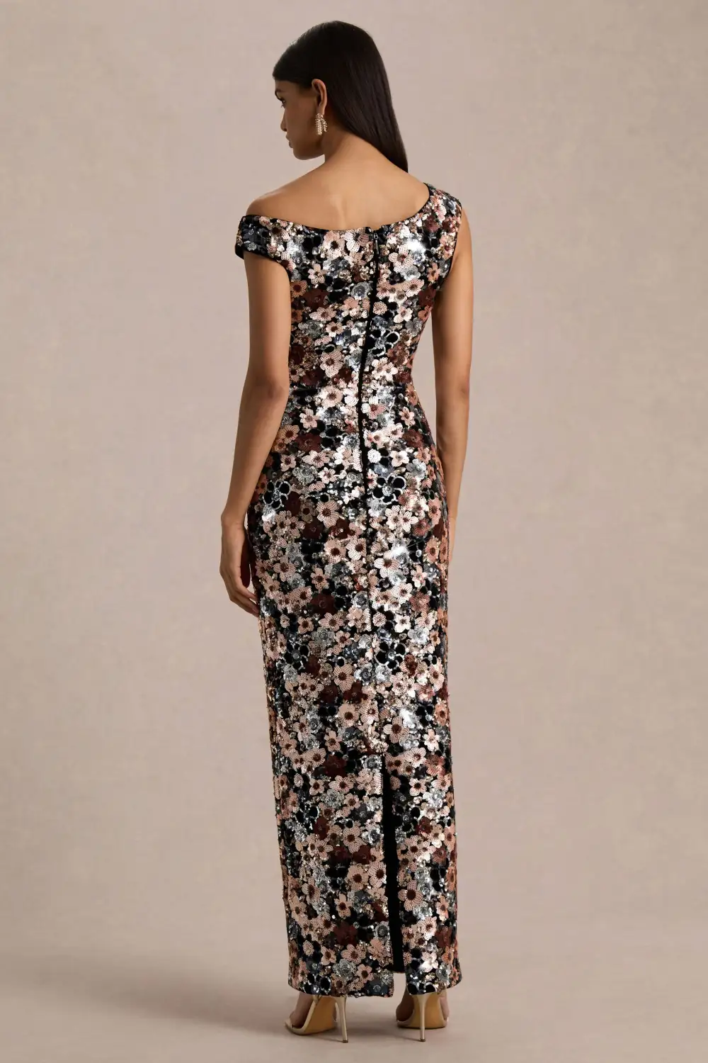 Electric | Black Sequin Floral Velvet Asymmetric-Neck Maxi Dress