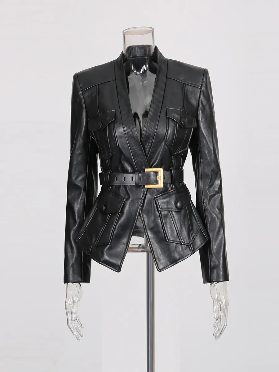 Rosalind Gold Buckle Belt Leather Jacket