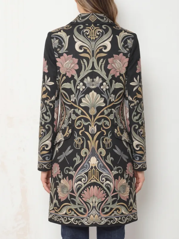 Women's Vintage Floral Dragonfly Pattern Printed Long Blazer