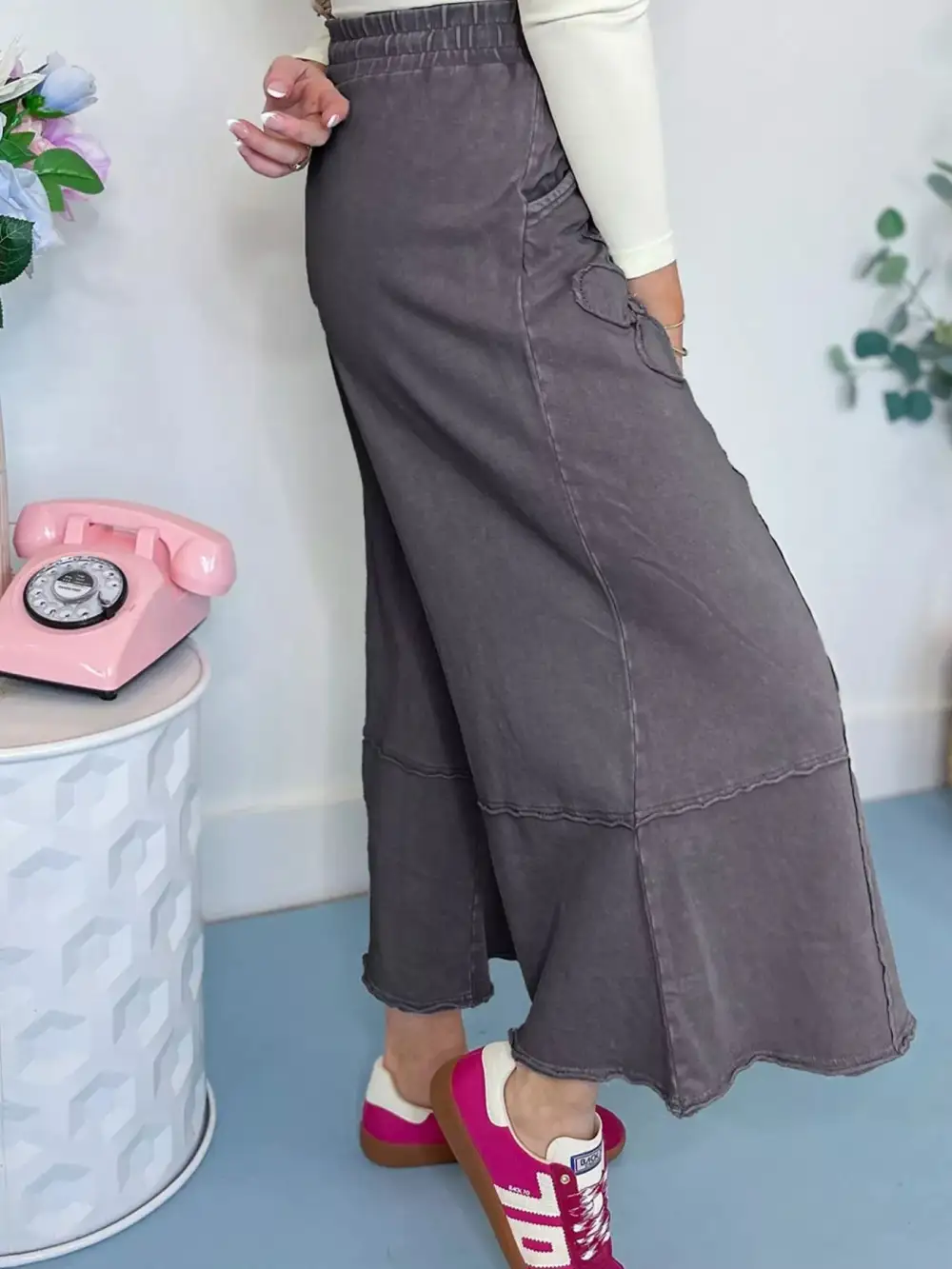 Knit Floral Drawstring Wide Leg Casual Pants