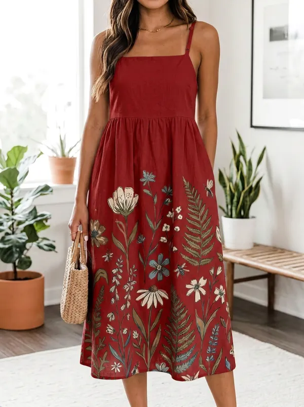 Women's Botanical Garden Floral Fern Printed Midi Dress