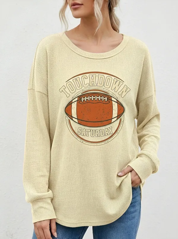 Women's Football Fan Touchdown Saturday Graphic Printed Waffle Knit T-Shirt