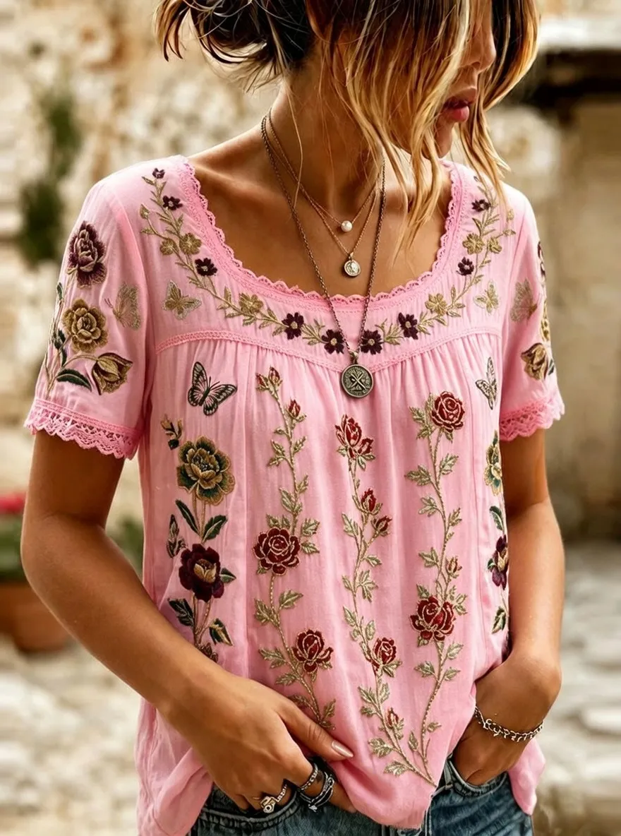 Women's Floral Butterfly Bohemian Embroidered Short Sleeve T-shirt