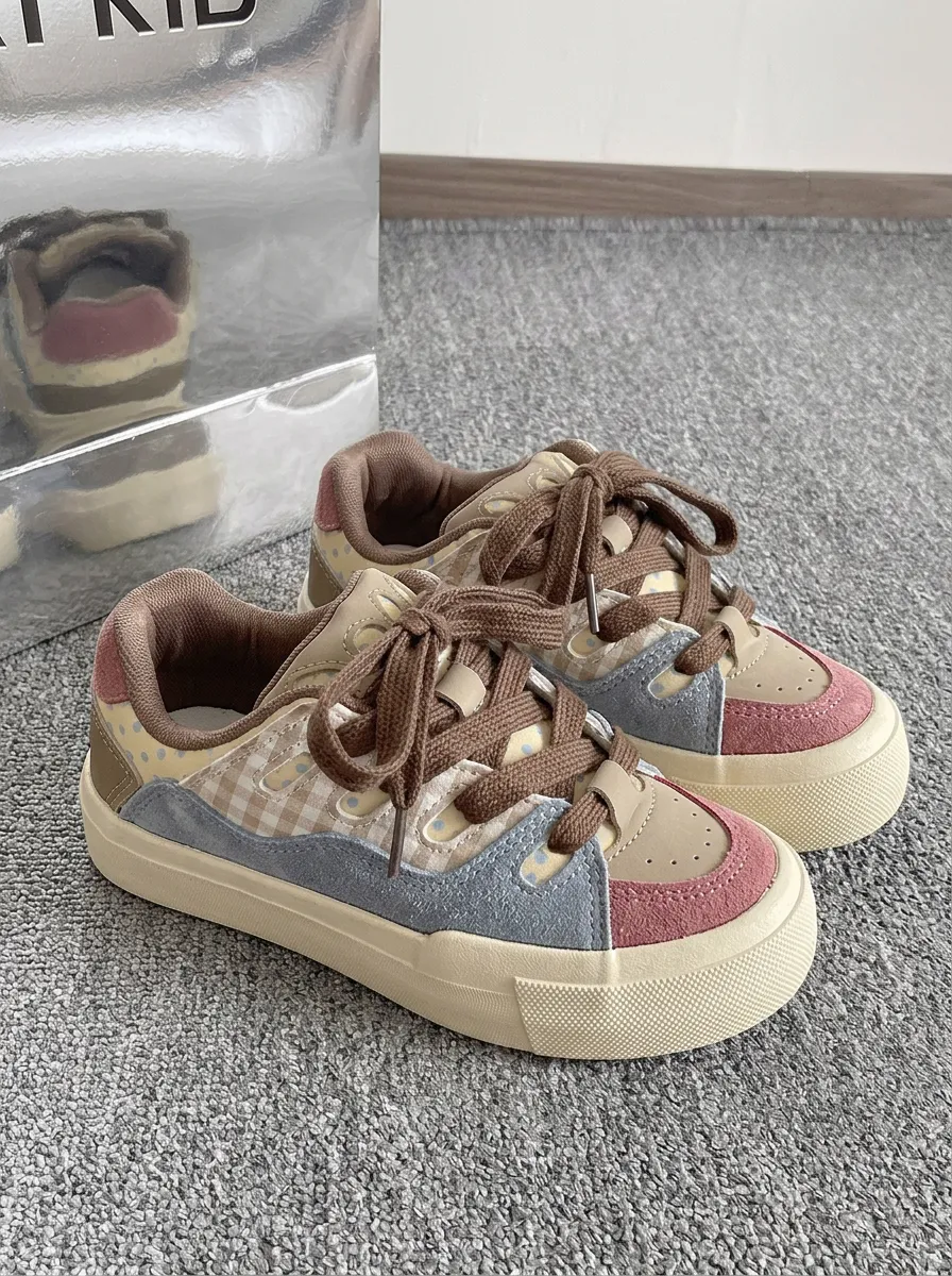 Women's Vintage Gingham Polka Dot Patchwork Printed Sneakers