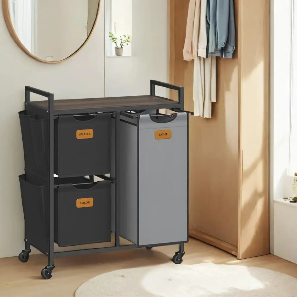 Triple Compartment Shelved Rolling Laundry Sorting Basket