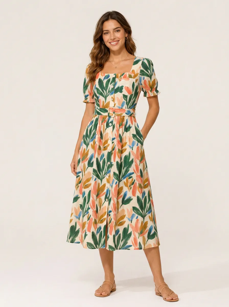 Women's Summer Botanical Abstract Leaf Printed Midi Dress