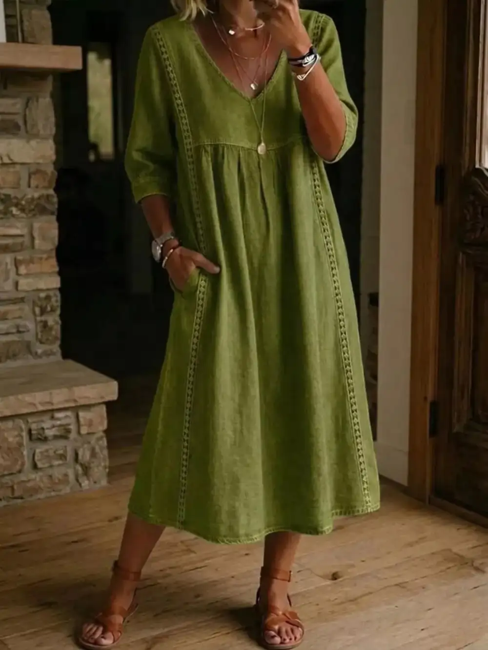 V-Neck Three-Quarter Sleeve Midi Dress
